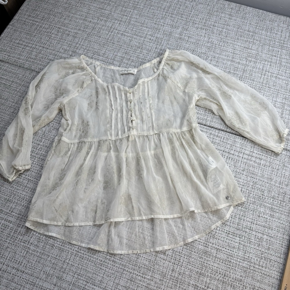 Abercrombie & Fitch‎ Babydoll Tiered Sheer Pintuck Blouse Cream Coquette Size S - Picture 5 of 14